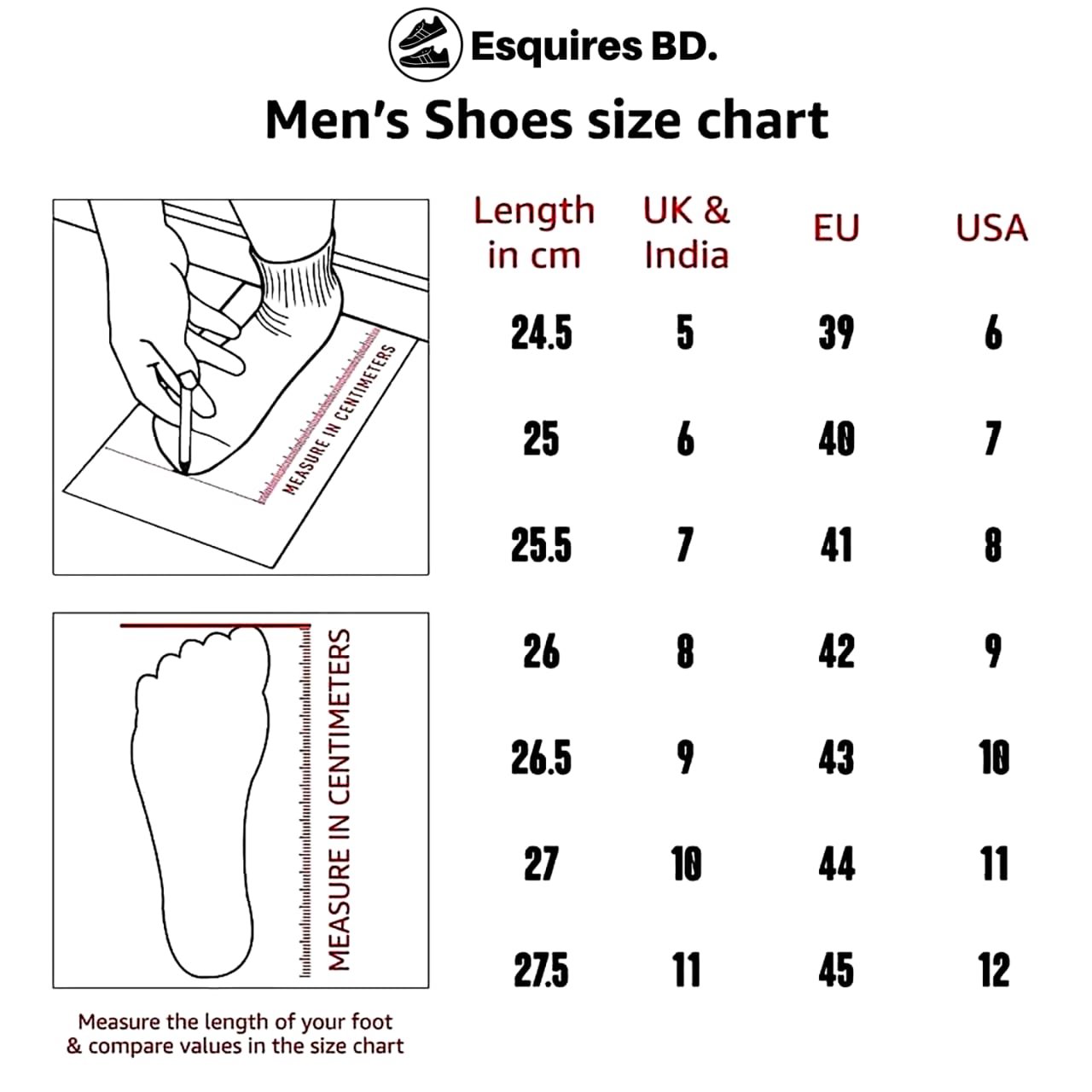 Size Chart – Esquire Footwear